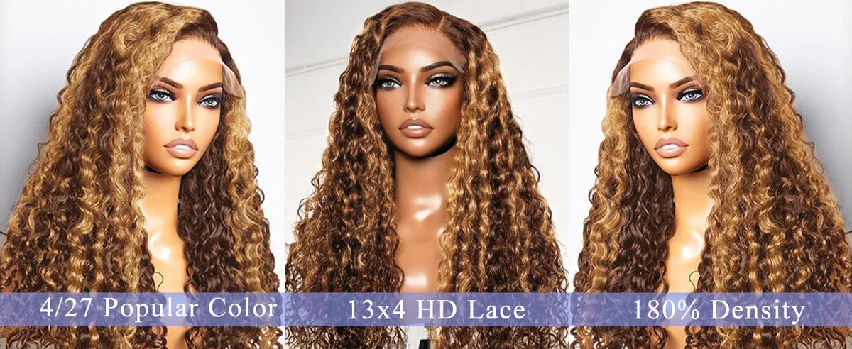 250% Highlight Deep Wave 13x6 Hd Lace Frontal Wig Human Hair Pre Plucked 30 40 Inch Brown Ombre Curly Water Wave human hair wigs